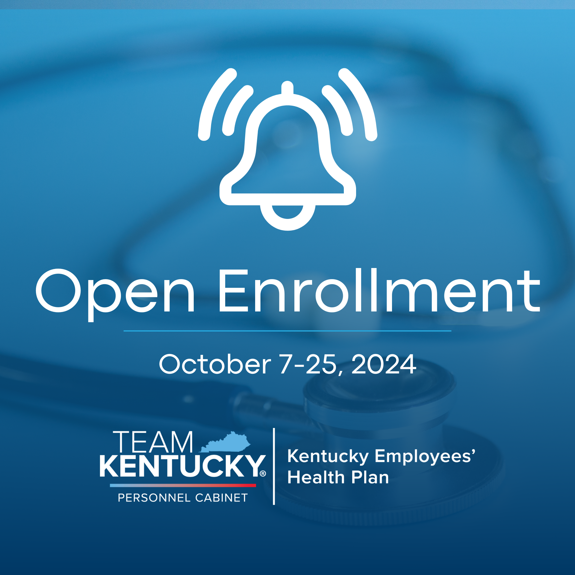 Open Enrollment, October 7-25, 2024. Icon of an alarm bell and the KEHP logo